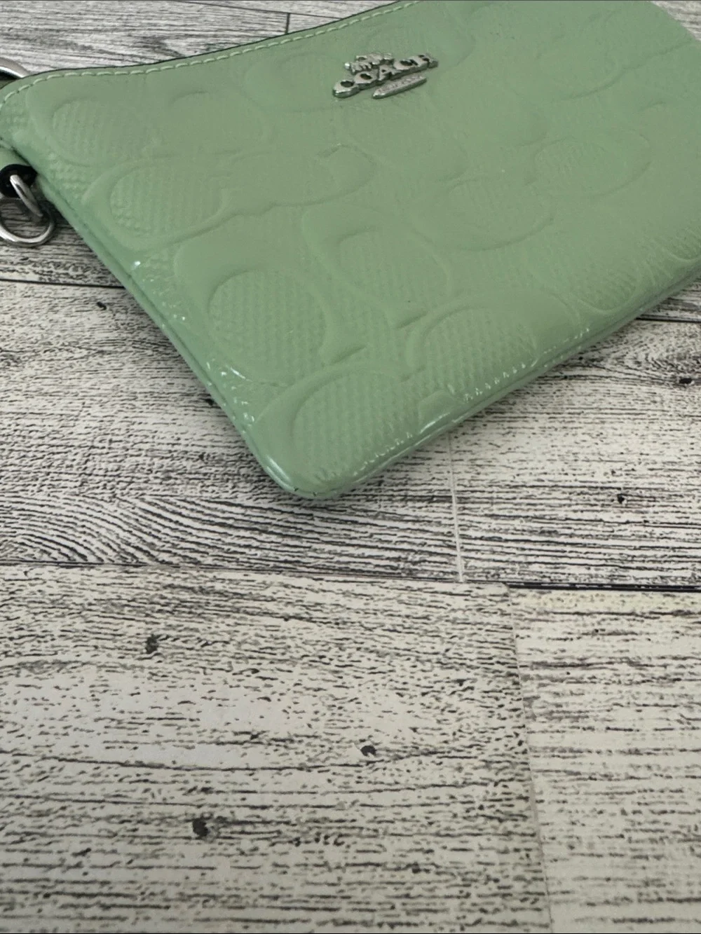 Coach Pale Green Patent Signature Zip Wristlet NWT